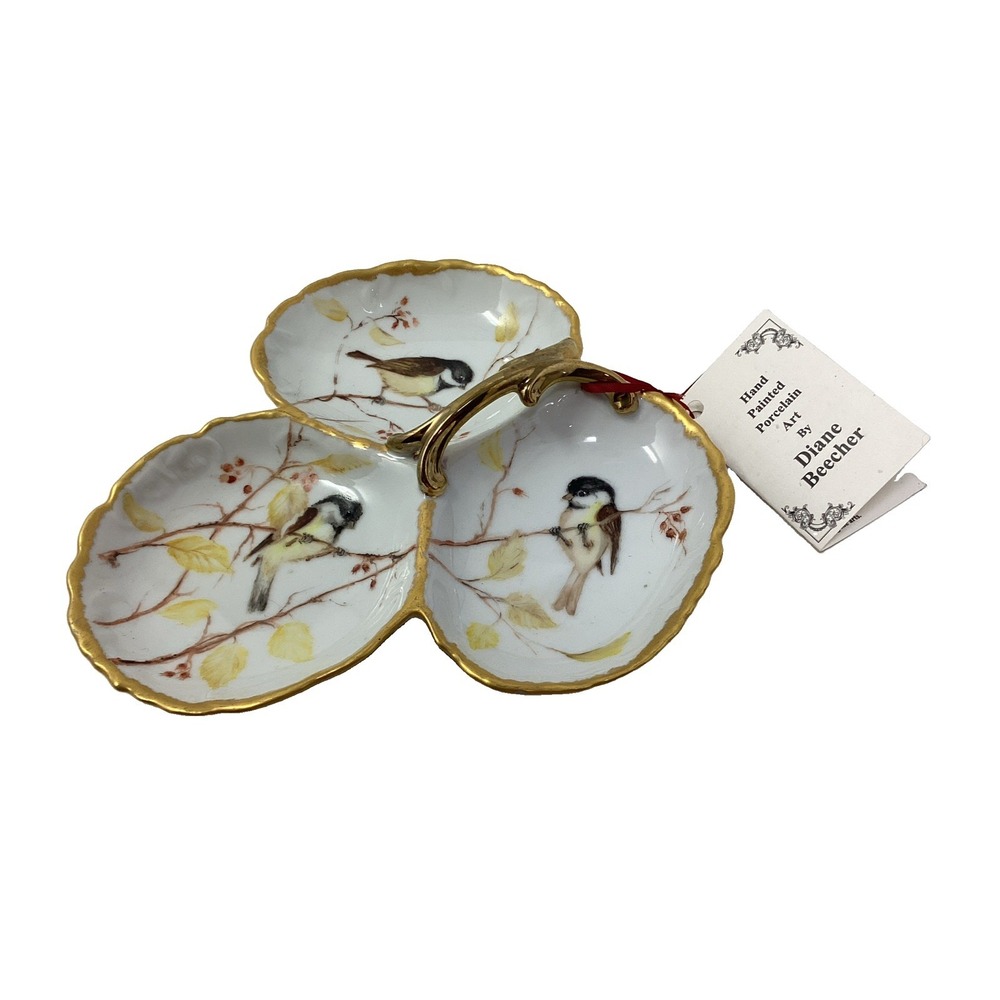 Hand Painted Artist Signed Chickadees On Porcelain 3 Compartment Dish Gold Trim